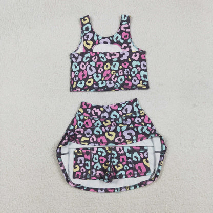 Sibling Baby Girls Sleeveless Colorful Leopard Vests Skirt Shorts Yoga Active Clothes Set