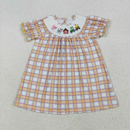 Sibling Baby Girls Fall Plaid Cows Farm Smocked Rompers Dresses