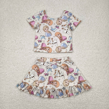 Sibling Baby Girls Short Sleeve Cartoon Princesses Top Ruffle Skirt Short Clothes Sets