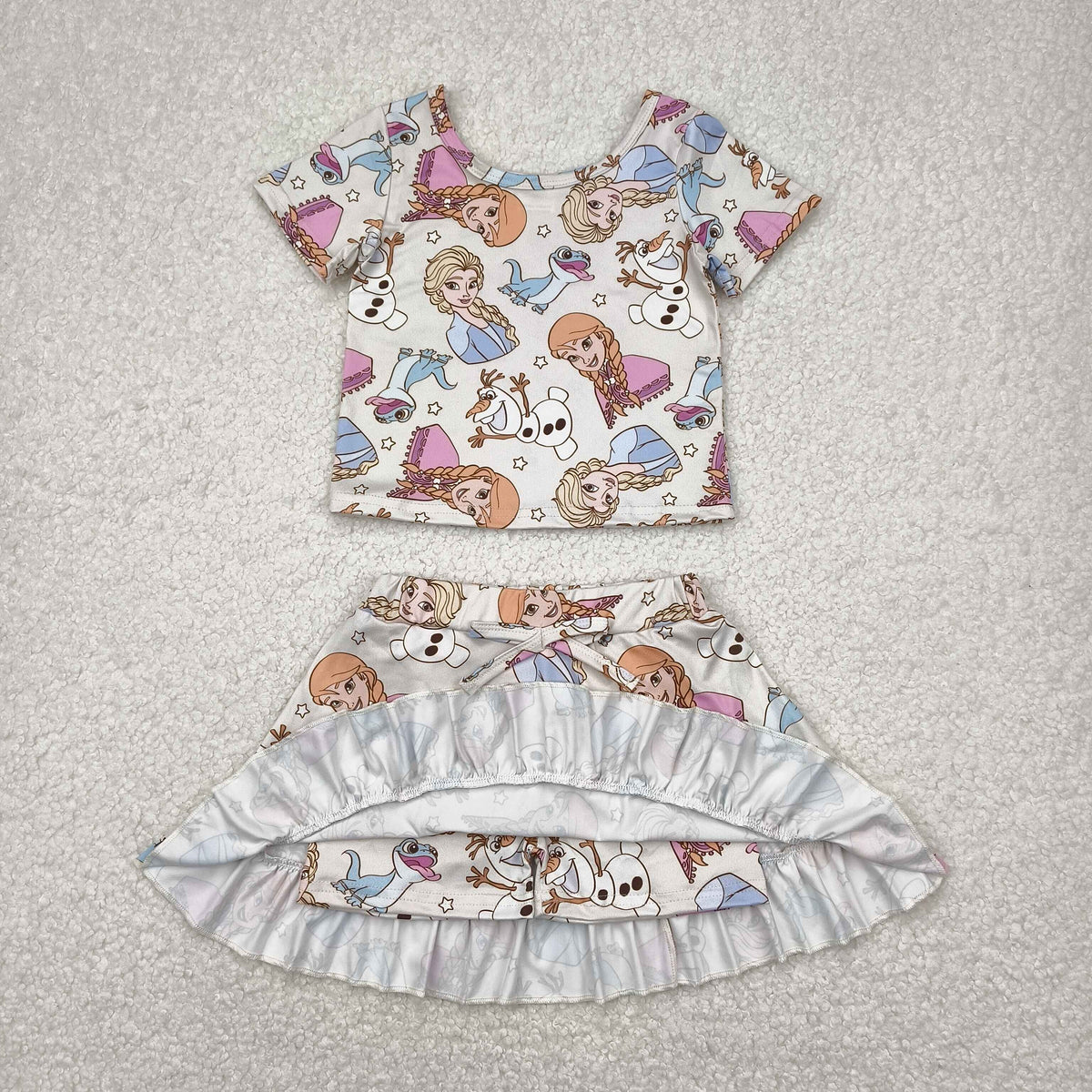 Sibling Baby Girls Short Sleeve Cartoon Princesses Top Ruffle Skirt Short Clothes Sets