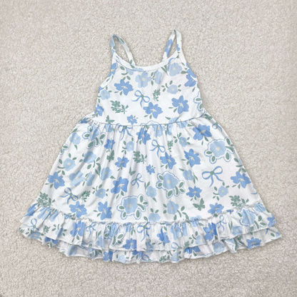 Sibling Baby Girls Strap Flowers Plaid Ruffle Knee Length Dresses