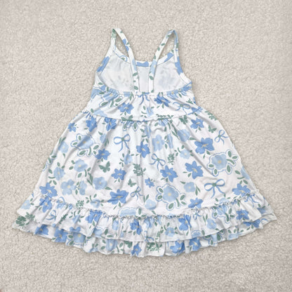 Sibling Baby Girls Strap Flowers Plaid Ruffle Knee Length Dresses