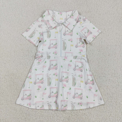 Sibling Baby Girls Short Sleeves Flowers Golf Zipper Knee Length Dresses
