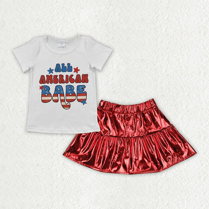 Sibling Baby Girls American Babe Smiles Shirts Top Red Leather Skirts 4th Of July Sets