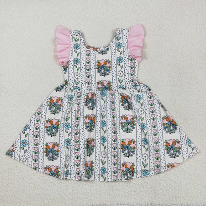 Sibling Baby Girls Flowers Plaid Flutter Sleeve Ruffle Knee Length Dresses