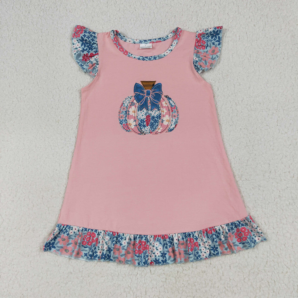 Sibling Embroidery Baby Girls Pink Floral Pumpkin Rompers Dresses Outfits