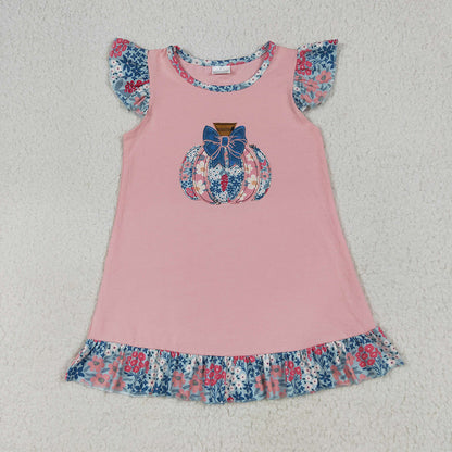 Sibling Embroidery Baby Girls Pink Floral Pumpkin Rompers Dresses Outfits