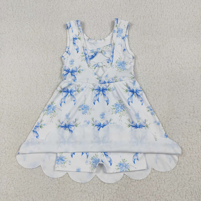 Sibling Baby Girls Flowers Bows Yoga Active Short Scallop Knee Length Dresses