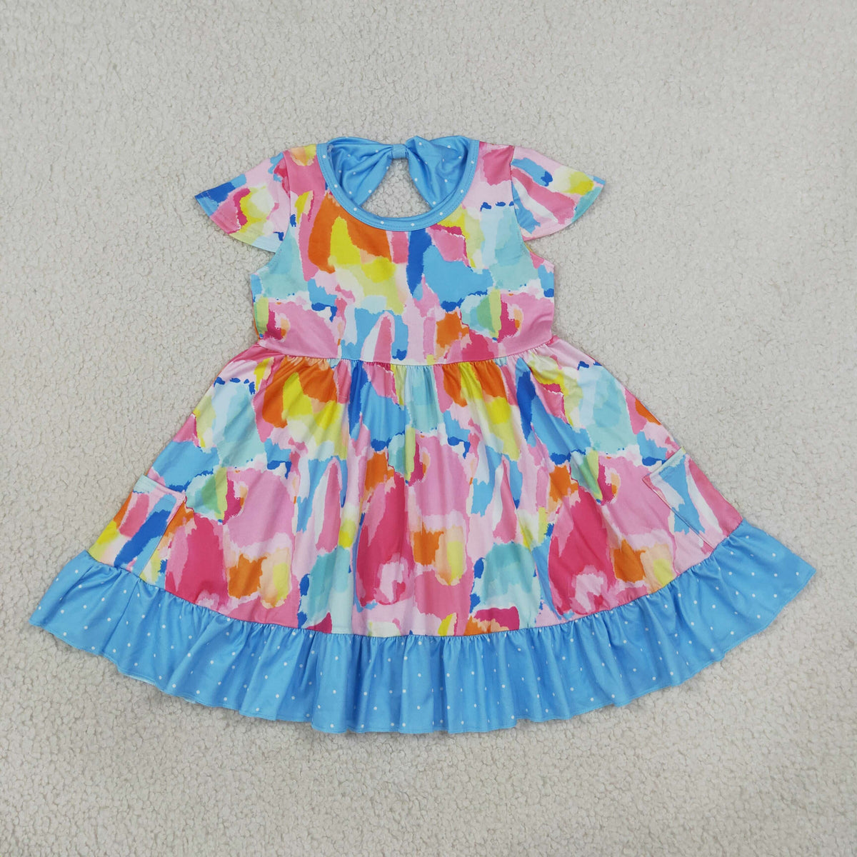GSD2610 Baby Girls Flutter Sleeve Tie-dye Print Pockets Ruffle Knee Length Dress