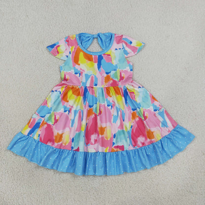 GSD2610 Baby Girls Flutter Sleeve Tie-dye Print Pockets Ruffle Knee Length Dress