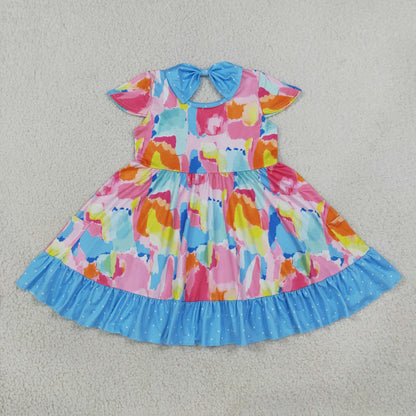 GSD2610 Baby Girls Flutter Sleeve Tie-dye Print Pockets Ruffle Knee Length Dress
