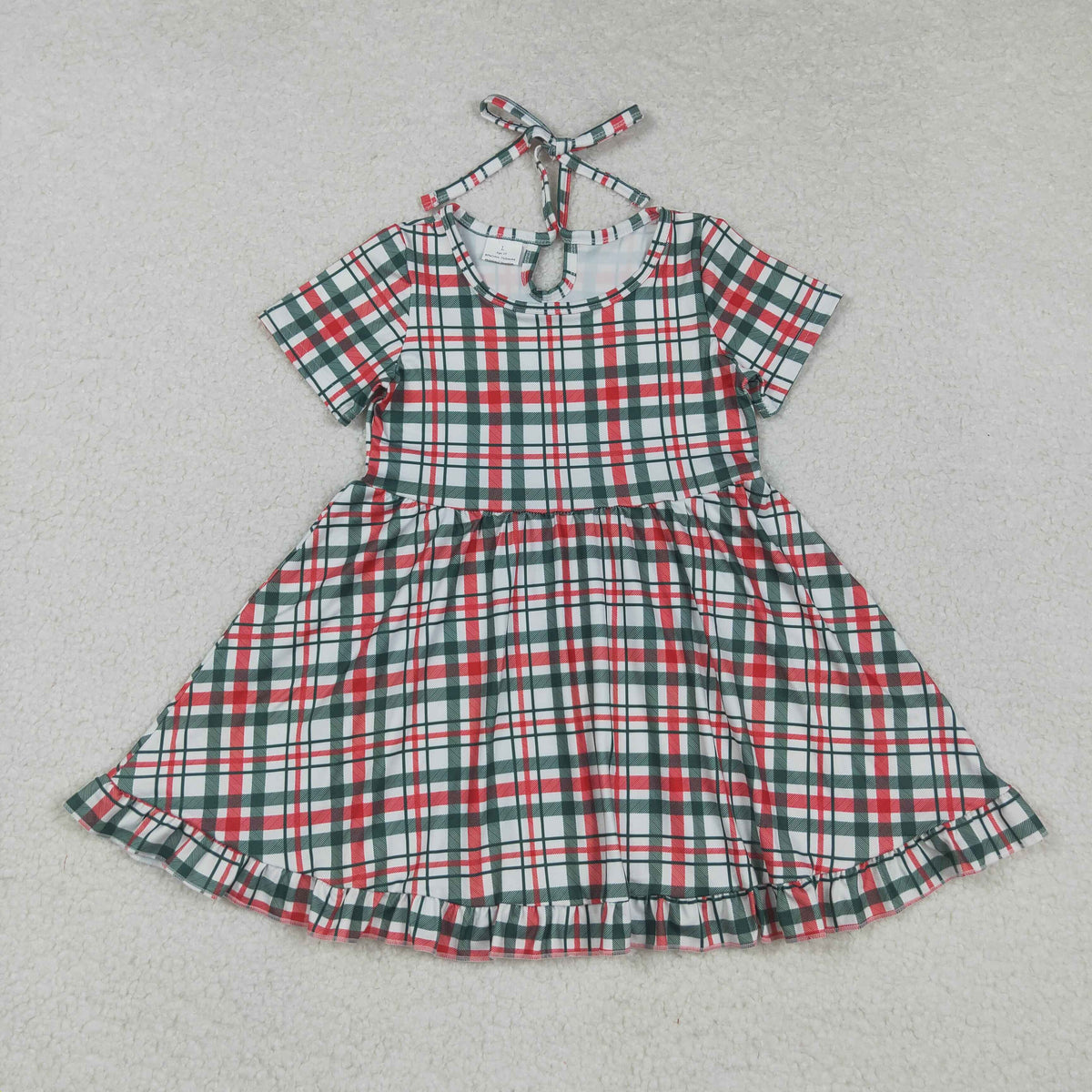 Sibling Baby Girls Green Red Checked Christmas Knee Length Dresses