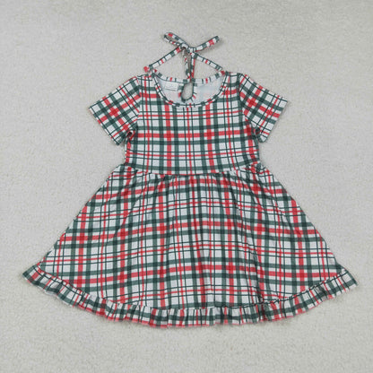 Sibling Baby Girls Green Red Checked Christmas Knee Length Dresses