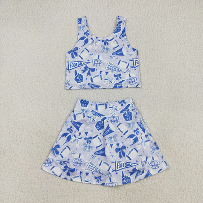 Sibling Baby Girls Blue Bows Footballs Team Shorts Yoga Clothes Set Knee Length Dresses