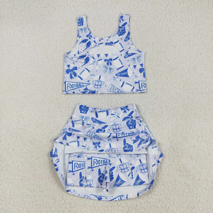 Sibling Baby Girls Blue Bows Footballs Team Shorts Yoga Clothes Set Knee Length Dresses