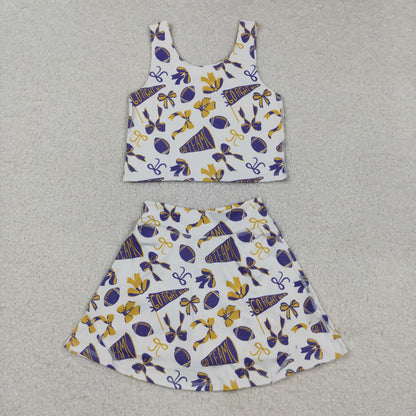 Sibling Baby Girls Purple Bows Footballs Team Shorts Yoga Clothes Set Knee Length Dresses