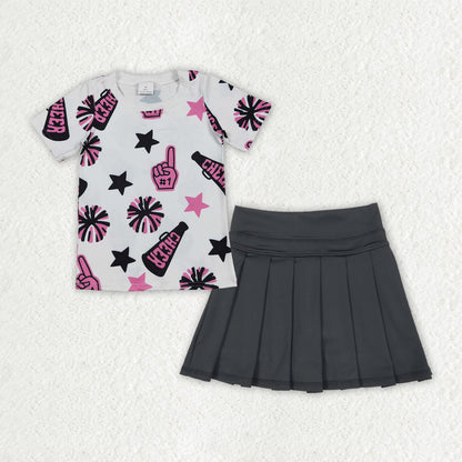 Sibling Baby Girls 4 colors Cheer Top Yoga Pleated Skirts Team Clothes Sets