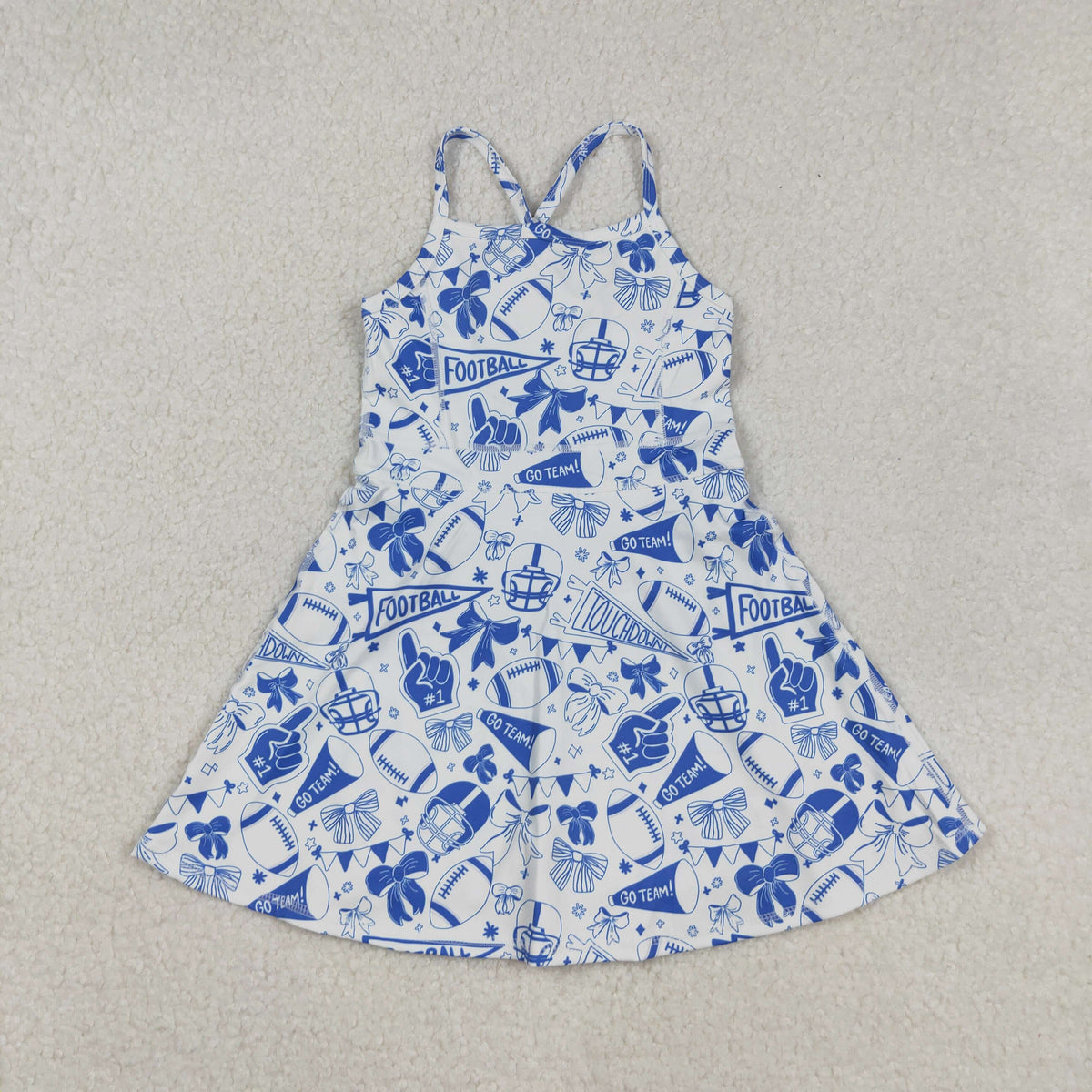 Sibling Baby Girls Blue Bows Footballs Team Shorts Yoga Clothes Set Knee Length Dresses