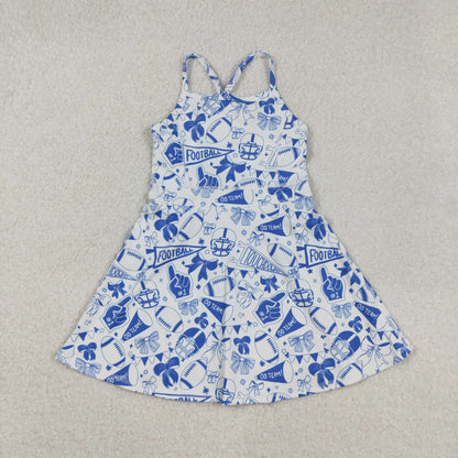 Sibling Baby Girls Blue Bows Footballs Team Shorts Yoga Clothes Set Knee Length Dresses