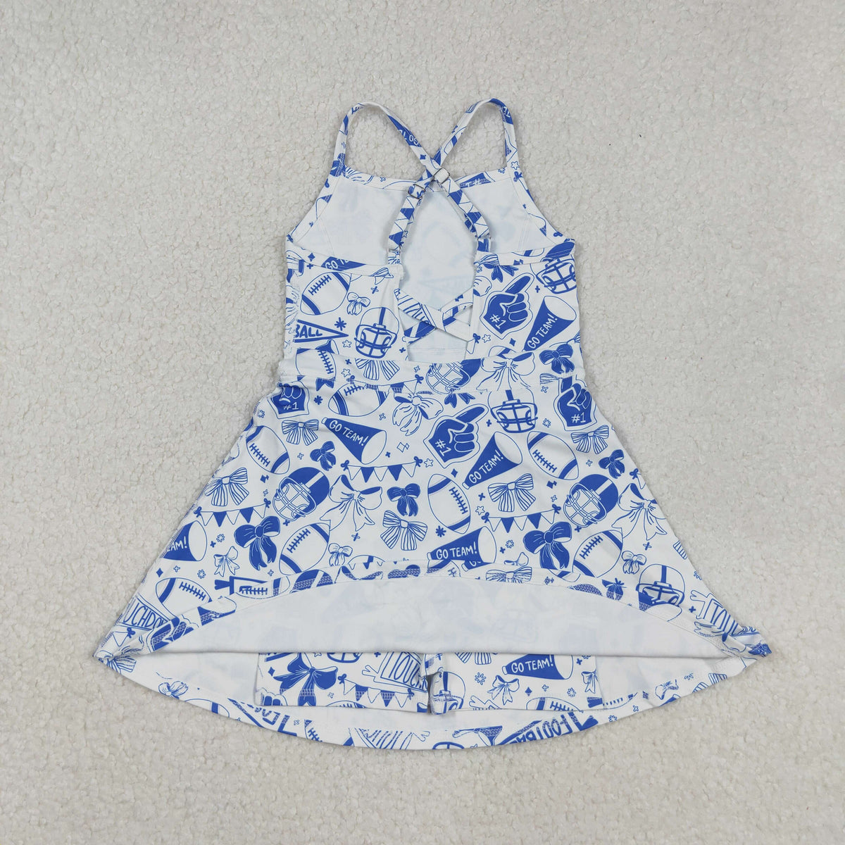 Sibling Baby Girls Blue Bows Footballs Team Shorts Yoga Clothes Set Knee Length Dresses