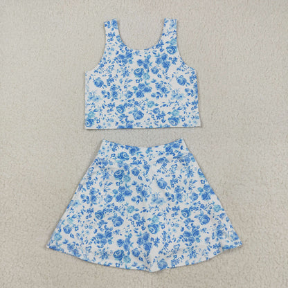 Sibling Baby Girls Flowers Bows Sleeveless Vest Yoga Athletic Skorts Sets