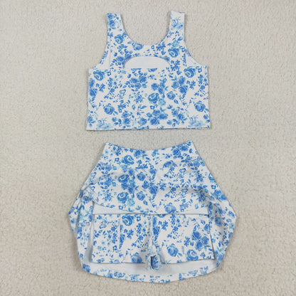 Sibling Baby Girls Flowers Bows Sleeveless Vest Yoga Athletic Skorts Sets