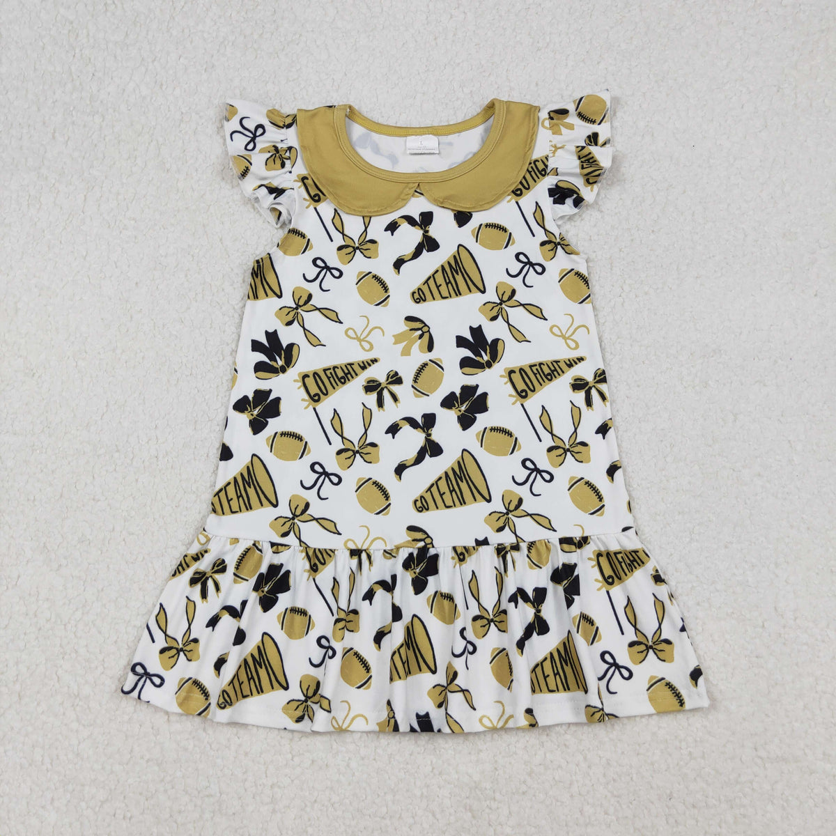 Sibling Baby Girls Gold Bows Footballs Go Team Ruffle Zipper Footie Romper Knee Length Dress