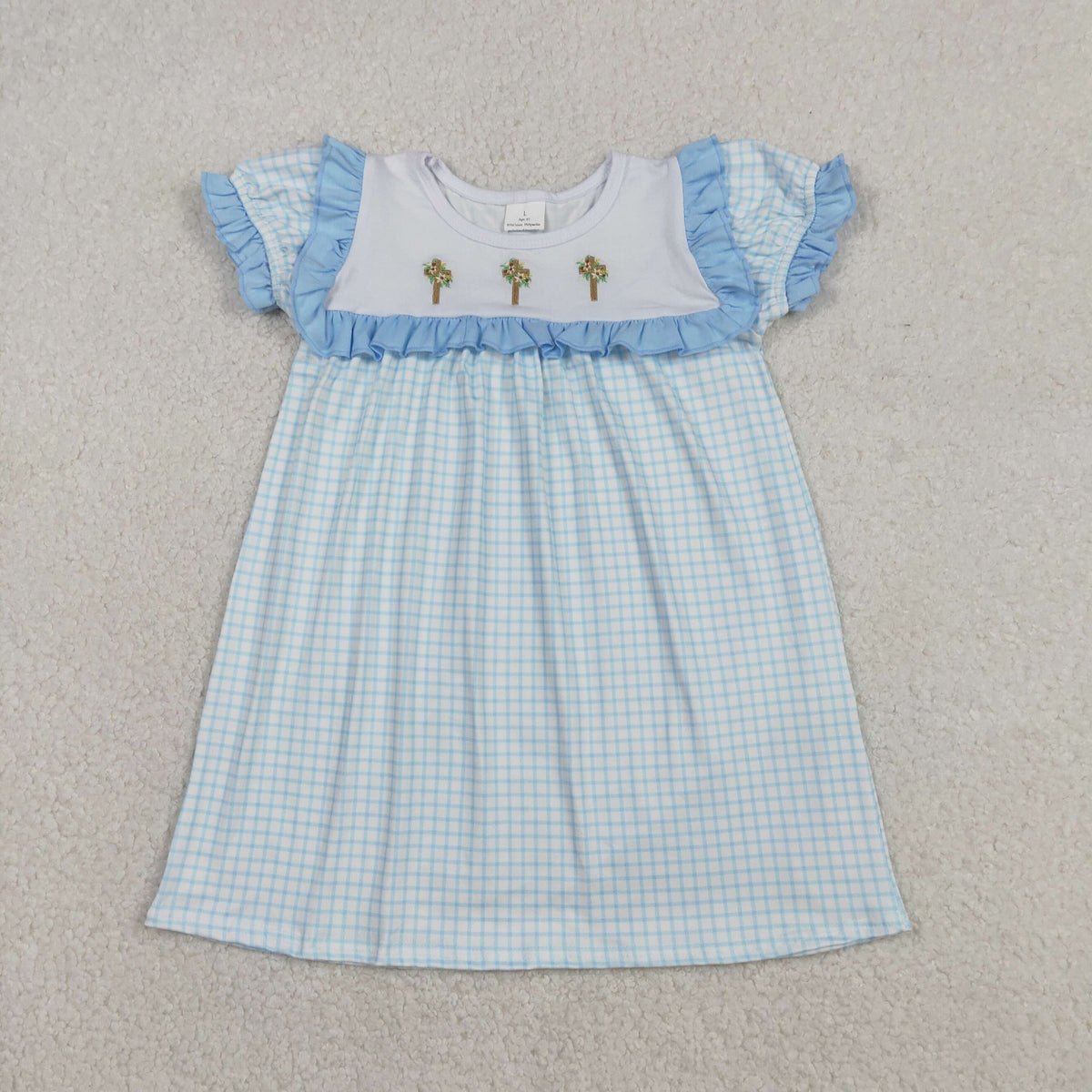 Sibling Baby Girls Blue Checked Embroidery Floral Crosses Tunic Ruffle Shorts Knee Length Dress