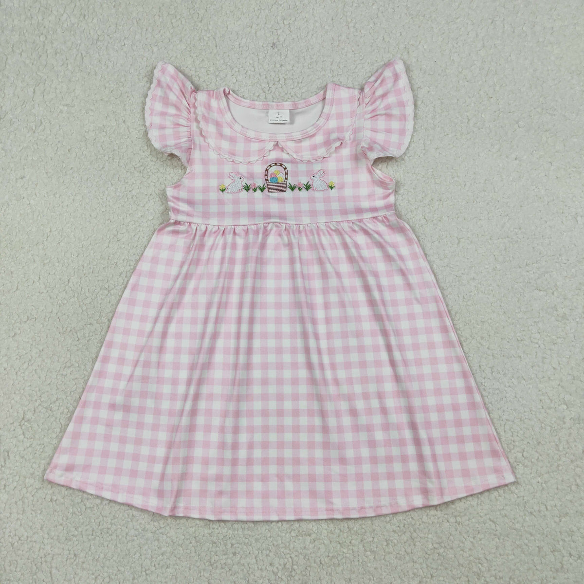 GSD2913 Baby Girls Pink Checked Emberoidery Rabbits Eggs Easter Knee Lenth Dresses