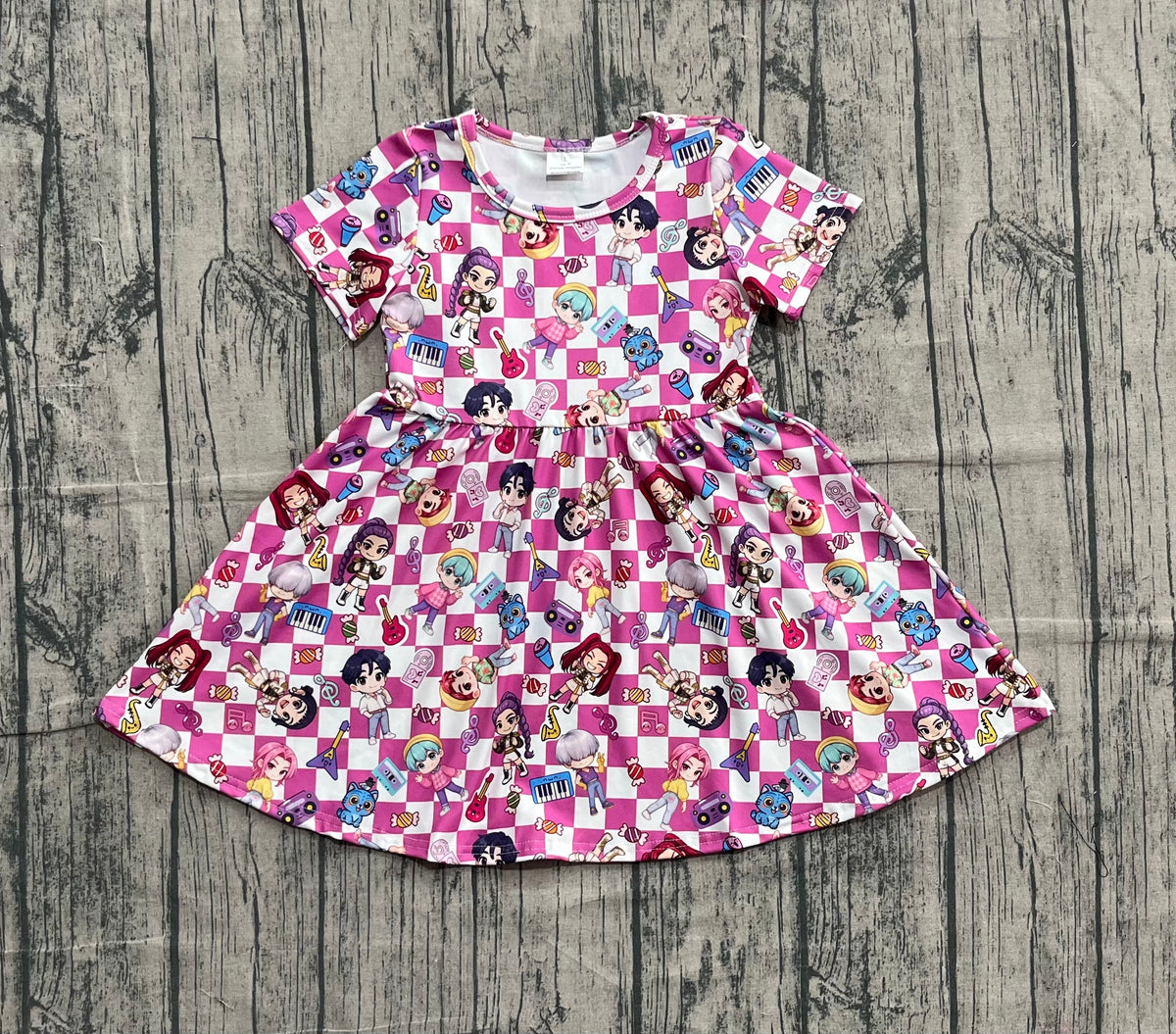 Baby Girls Short Sleeve Pink Checked Cartoon Girls Knee Length Dresses