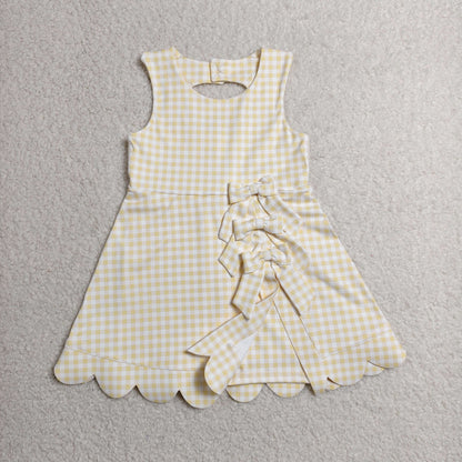 GSD3027 Baby Girls Yellow Checked Sleeveless Yoga Active Short Bows Scallop Knee length Dress