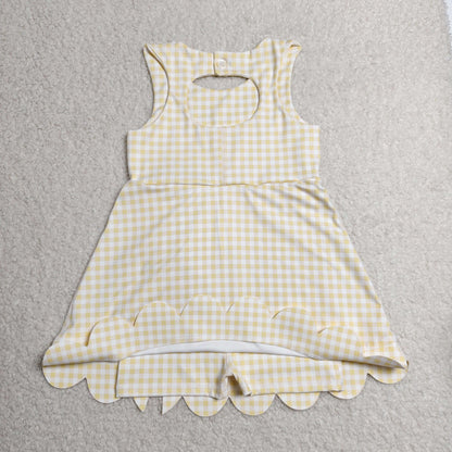 GSD3027 Baby Girls Yellow Checked Sleeveless Yoga Active Short Bows Scallop Knee length Dress
