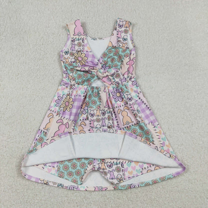 Sibling Baby Girls Sleeveless Rabbits Flowers Yoga Active Shorts Ruffle Knee Length Dresses