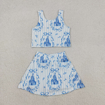Sibling Baby Girls Flowers Bows Sleeveless Vest Yoga Athletic Skorts Sets
