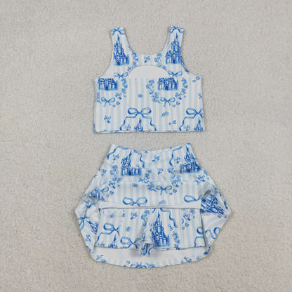 Sibling Baby Girls Flowers Bows Sleeveless Vest Yoga Athletic Skorts Sets