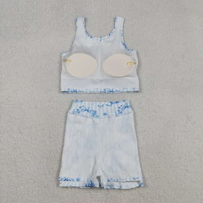 Sibling Baby Girls Flowers Bows Sleeveless Vest Yoga Athletic Skorts Sets