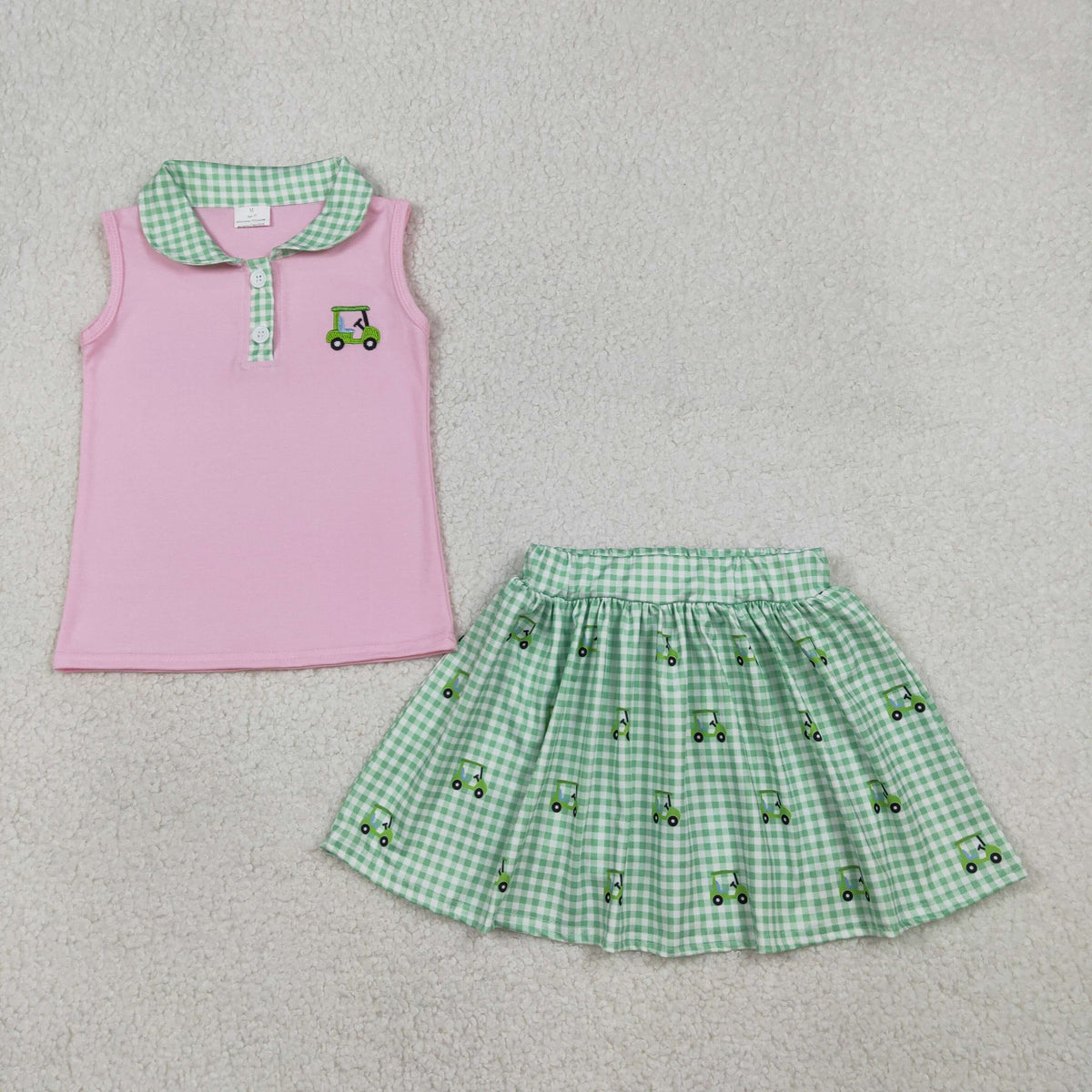 GSD3120 Baby Girls Embroidery Golf Truck Button Tunic Checked Skirt Short Clothes Sets