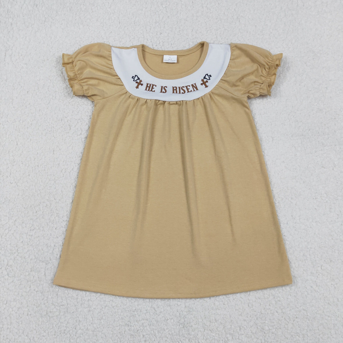 GSD3123 Baby Girls Embroidery Crosses He is Risen Easter Knee Length Dresses