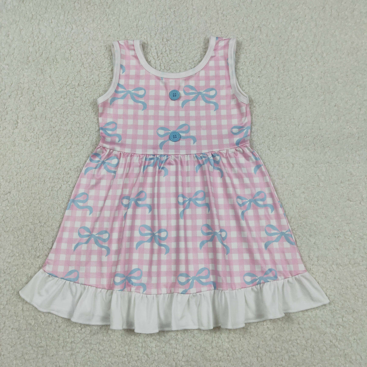 Sibling Baby Girls Sleeveless Bows Checked Button Ruffle Knee Length Dresses