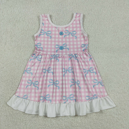 Sibling Baby Girls Sleeveless Bows Checked Button Ruffle Knee Length Dresses