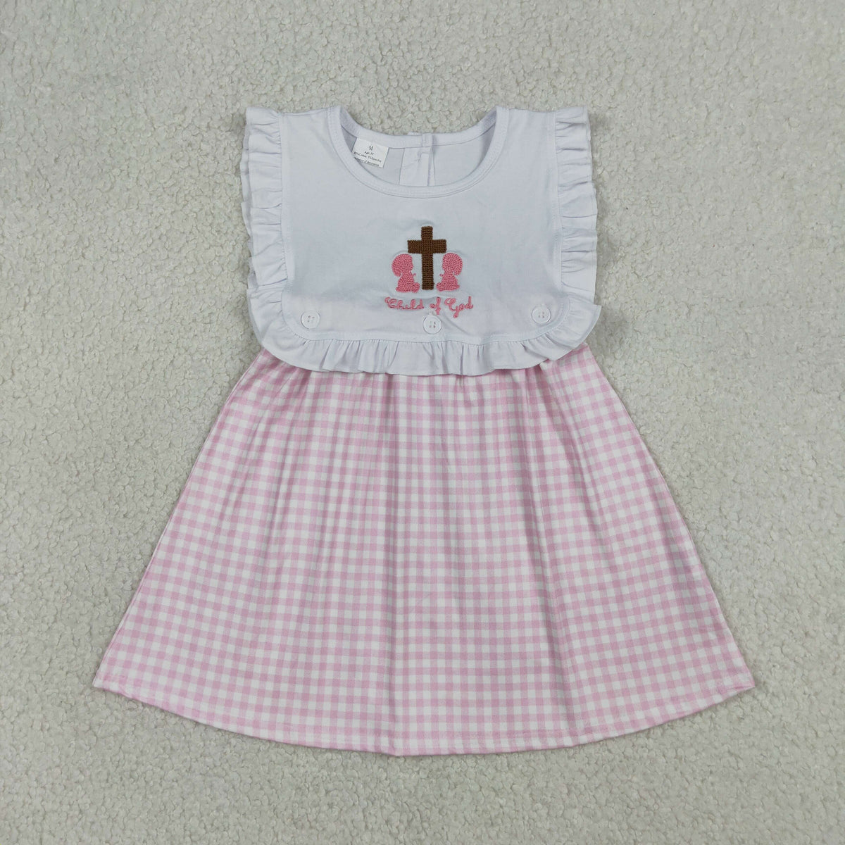 GSD3201 Baby Girls Embroidery Cross Child of God Pink Checked Knee Length Dresses