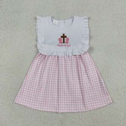 GSD3201 Baby Girls Embroidery Cross Child of God Pink Checked Knee Length Dresses