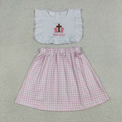 GSD3201 Baby Girls Embroidery Cross Child of God Pink Checked Knee Length Dresses