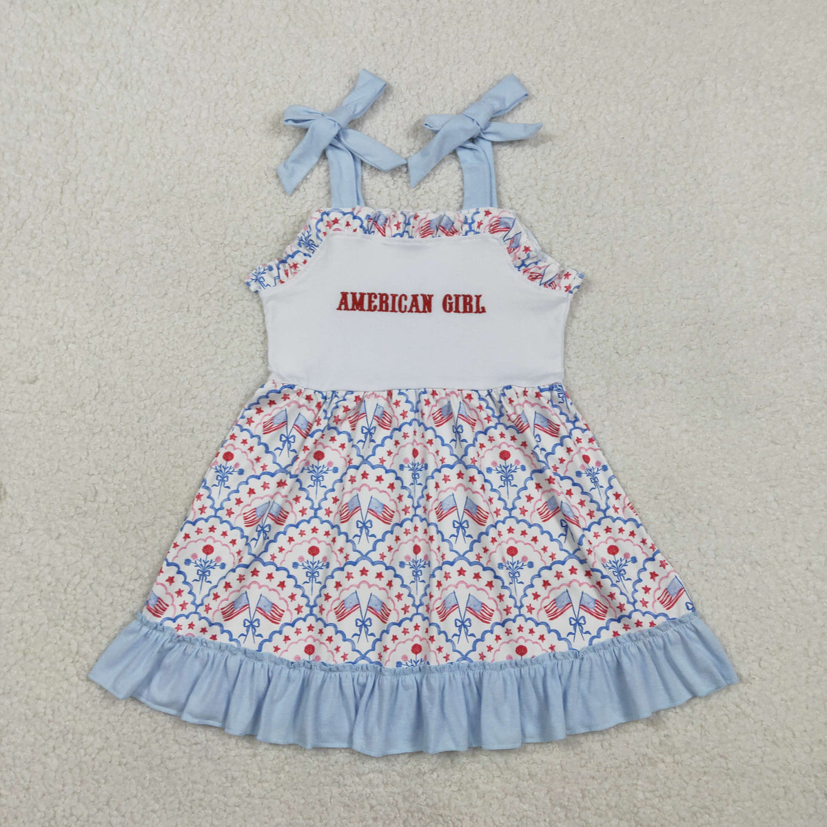Sibling Baby Embroidery American Girls Bow Flags 4th of July Ruffle Bummies Set Knee Length Dress