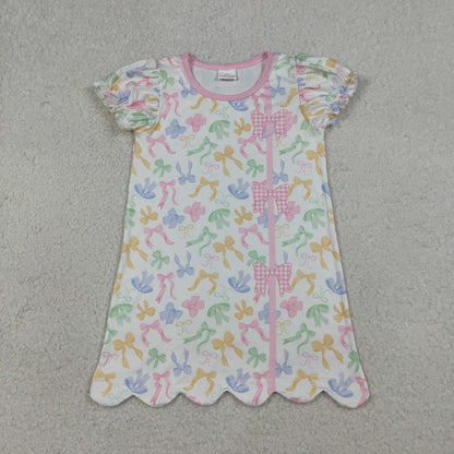 Sibling Baby Girls Short Ruffle Sleeve Colorful Bows Scallop Knee Length Dress Rompers