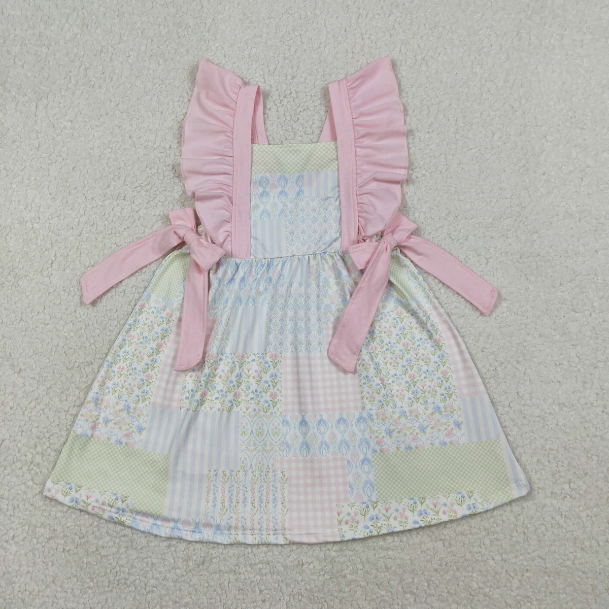 GSD3249 Baby Girls Flutter Sleeve Colorful Flowers Checked Knee Length Dresses