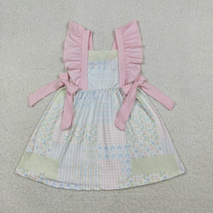 GSD3249 Baby Girls Flutter Sleeve Colorful Flowers Checked Knee Length Dresses