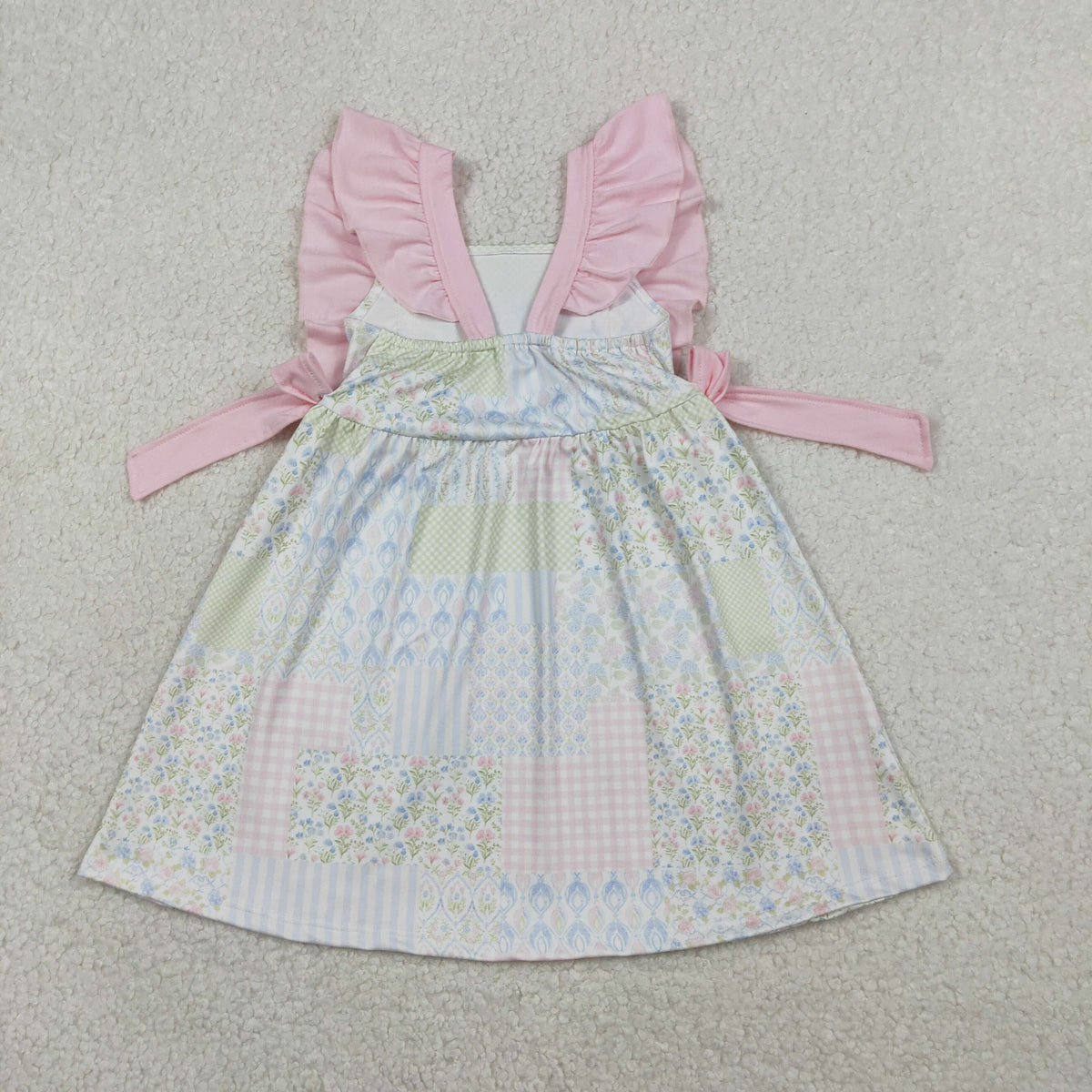GSD3249 Baby Girls Flutter Sleeve Colorful Flowers Checked Knee Length Dresses