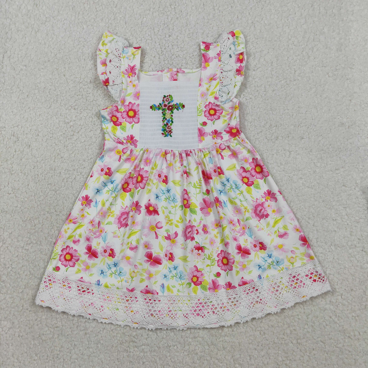 GSD3313 Smocked Floral Cross Lace Flutter Sleeve Easter Knee Length Dresses