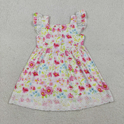 GSD3313 Smocked Floral Cross Lace Flutter Sleeve Easter Knee Length Dresses